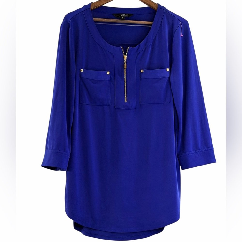 Ellen Tracy Royal Blue Gold Zip 3/4 Sleeve Utility Pocket Blouse S